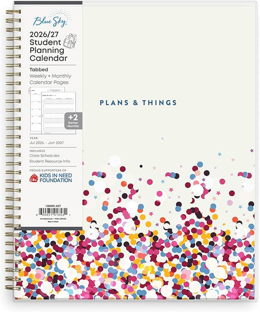 Blue Sky 2026-2027 Weekly and Monthly Academic Year Student Planner Calendar, July 2026 - June 2027, 8.5" x 11", Flexible Cover, Wirebound, Laminated Tabs, Star Confetti Bright