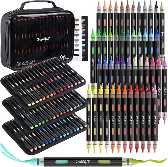 JusArt Acrylic Paint Markers 96 Colors, 48 Dual-Tip Brush Markers, No Bleed