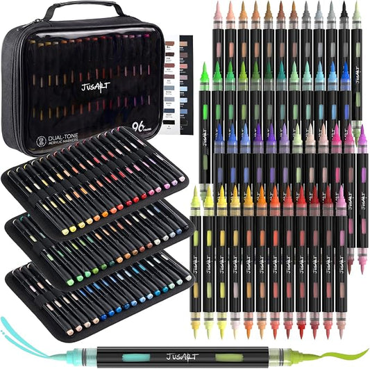 JusArt Acrylic Paint Markers 96 Colors, 48 Dual-Tip Brush Markers, No Bleed