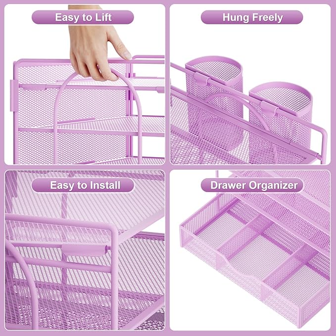 Marbrasse Desk Organizer and Accessories4-Tier Paper File Letter Tray Accessories & Workspace Desk Organizers with Drawer and 2 Pen Holders for School Home Office Supplies (Purple) 2Pack