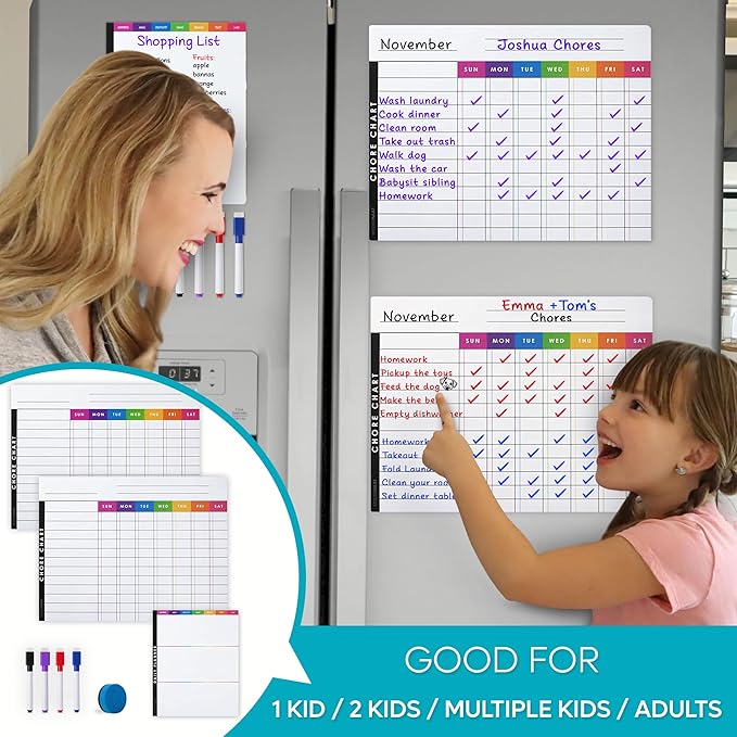 Magnetic Chore Chart Dry Erase Whiteboard Set - Pocket Charts - 2 Pcs Chores Chart for Multiple Kids, Teens & Adults (11.5x15) Each, Daily to Do (7x9) - 4 Markers & Eraser
