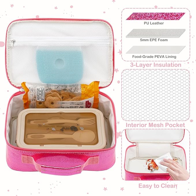 FlowFly Kids Lunch box Insulated Soft Bag Mini Cooler Back to School Thermal Meal Tote Kit for Girls, Boys,Pink