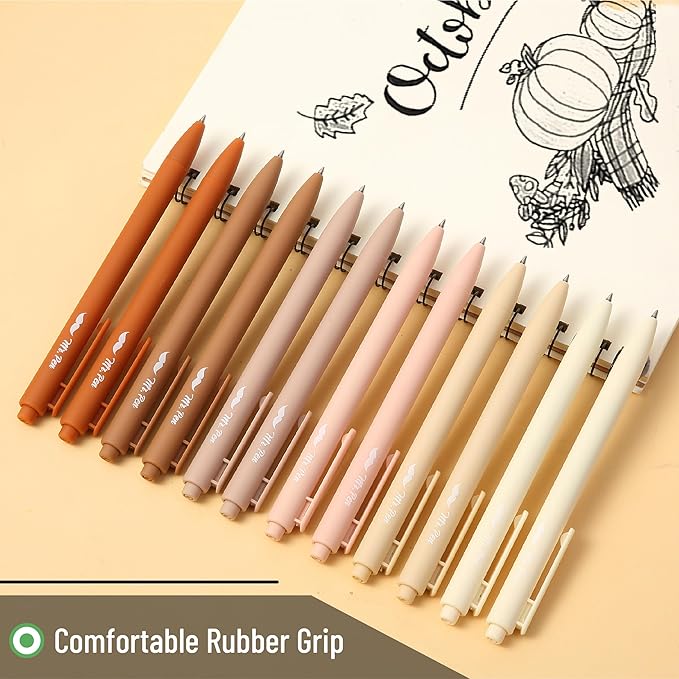 Mr. Pen- Retractable Gel Pens, 12 Pack, Black Ink, Natural Colors Barrels, Fine Point 0.5mm, Fast Dry, Smooth Writing, Cute Pens for Drawing, Writing Planner and School Supplies