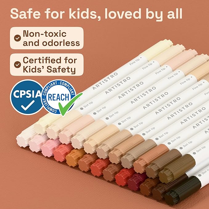 ARTISTRO 24 Skin Colors Acrylic Paint Markers - Paint Pens for Drawing, Brush + Fine Tips For Fabric, Rock, Glass, Wood, DIY - Art & Craft Supplies for Adults, Teens, Kids - Teacher Appreciation Gift