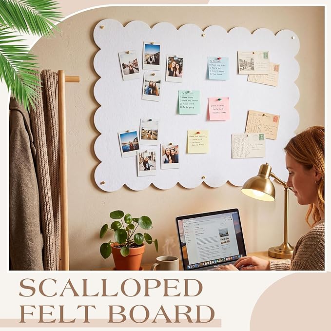 Mooliwe Scalloped Felt Bulletin Board 48 x 36 Inches Foldable White Pin Cork Board Alternative for Wall, 4' x 3' Trifold Picture Vision Self Adhesive Bulletin Decorative