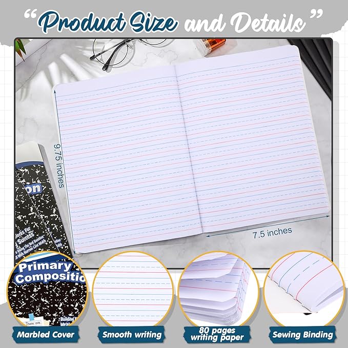 Fulmoon 100 Pack Primary Composition Notebook,Grade K-2 Journal Wide 3 Line Ruled,80 Pages,Marble Cover,7-1/2" x 9-3/4" Primary Writing Notebook for Kindergarten Preschool,1st 2nd Grad (Black Color)