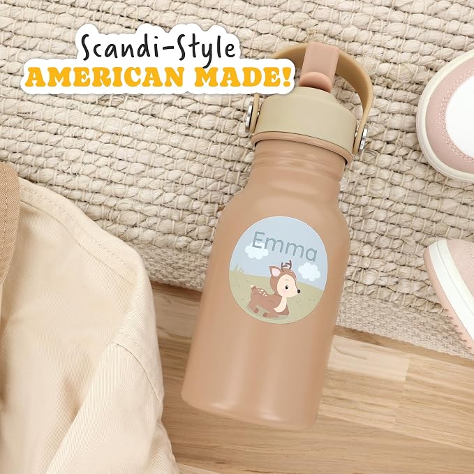Camp Name Labels for Kids (33) – Custom Waterproof Stickers for Water Bottles, Lunch Boxes, Daycare & School with Unique Designs - Deer
