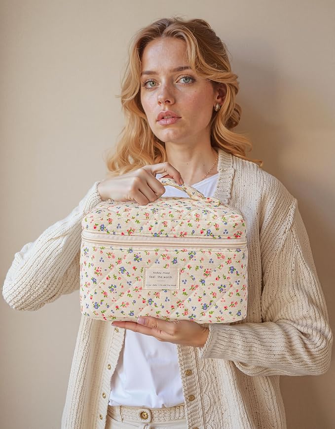 HBselect Quilted Makeup Bag, 3Pcs Cotton Large Travel Makeup Bags Organizer | Cute Floral Make up Bag Cosmetic Bag Toiletry Bag for Women Girls, Makeup Pouch for Skincare, Brushes & Travel Essentials