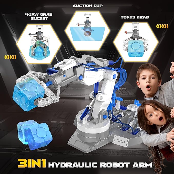 SMIESSKIDDO 3 in 1 Hydraulic Robot Arm - 220 Pcs STEM Building Toys with 4-Jaw Grab, Suction & Tongs for Kids 8-12 | No Batteries Needed Engineering Gift for Boys & Girls Ages 9 10 11 - White