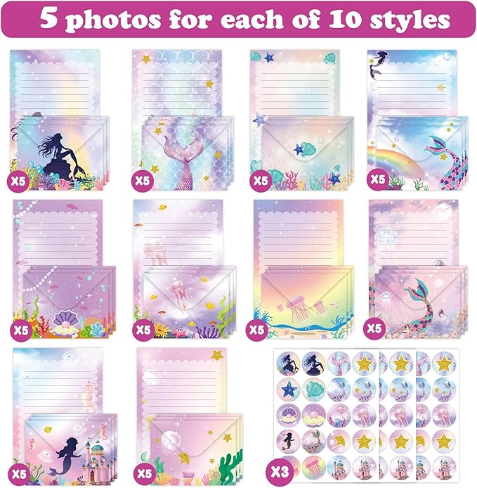 Mermaid Stationery Set with Cute Ocean Envelopes, Lined Paper, Sealing Stickers – 160 Pcs Under the Sea Fantasy Stationery Paper Envelopes Set for Girls, Writing Letters, Party Invitations