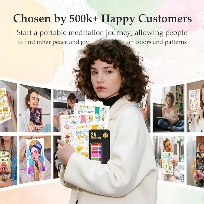 3Pcs Watercolor Workbook Paint Book Beginner Friendly Painting Kit, 36 Pages Workbooks with 24 Paint Colors & Brush for Beginners, Stress-Relieving Gift for Women Adults (Bird&Flower&Kitchen)