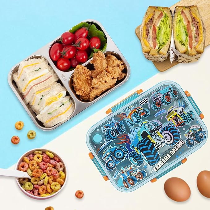 Stainless Steel Bento Lunch Box for Kids, 800ml/27oz BPA-Free Leak-Proof Food Containers with 3 Compartments, Dishwasher Safe, Back to School Students Lunches Size for Ages 3-7