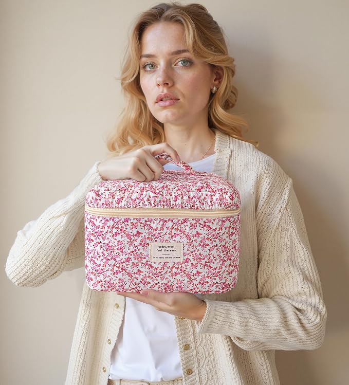 HBselect Quilted Makeup Bag, 3Pcs Cotton Large Travel Makeup Bags Organizer | Cute Floral Make up Bag Cosmetic Bag Toiletry Bag for Women Girls, Makeup Pouch for Skincare, Brushes & Travel Essentials