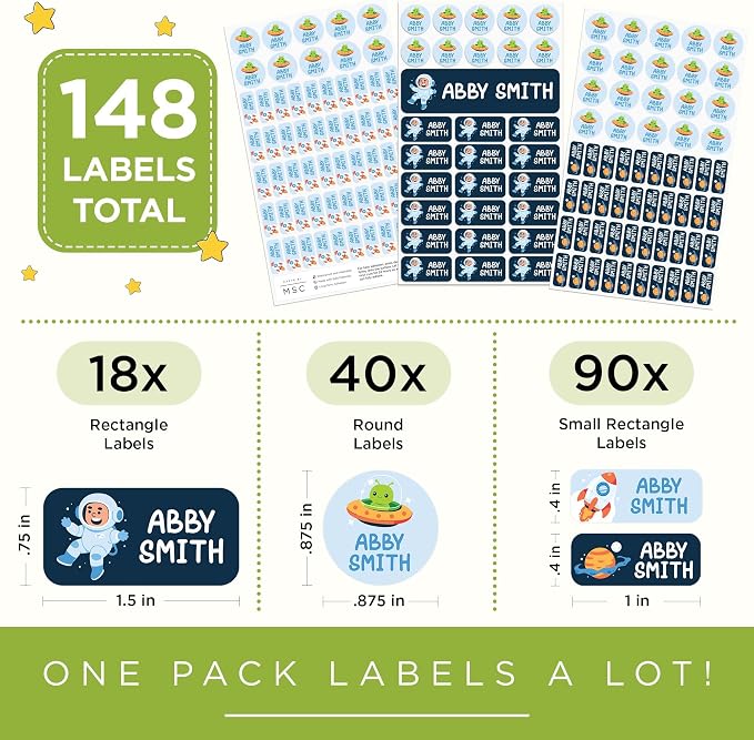 Personalized Daycare Name Labels for Kids, 148 Pack Waterproof Custom Name Stickers for Clothing Tags, Lunch Boxes and School Supplies, Made in USA by MSC - Space Suit