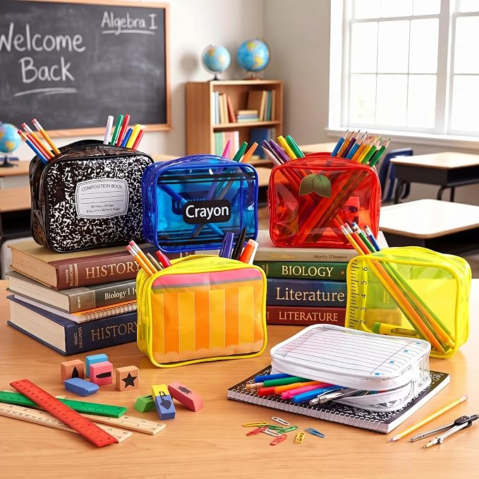 Suclain 6 Pack Back to School Teacher Gift, Teacher Survival Kit Bag, Stationery Zipper Cosmetic Pouches, Transparent PVC Pencil Case Waterproof Toiletry Makeup Bag for School Supplies, Travel