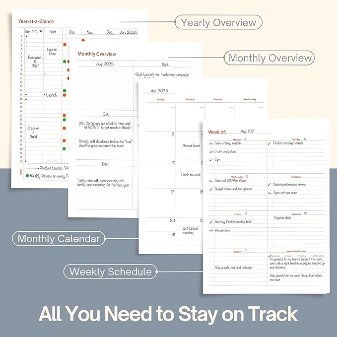 Undated Weekly Planner, 8.5" x 11", Dashboard Layout with Yearly Review, Monthly Calendars, & Weekly To Do List, Spiral Bound Organizer for Work, Study & Life (Black)
