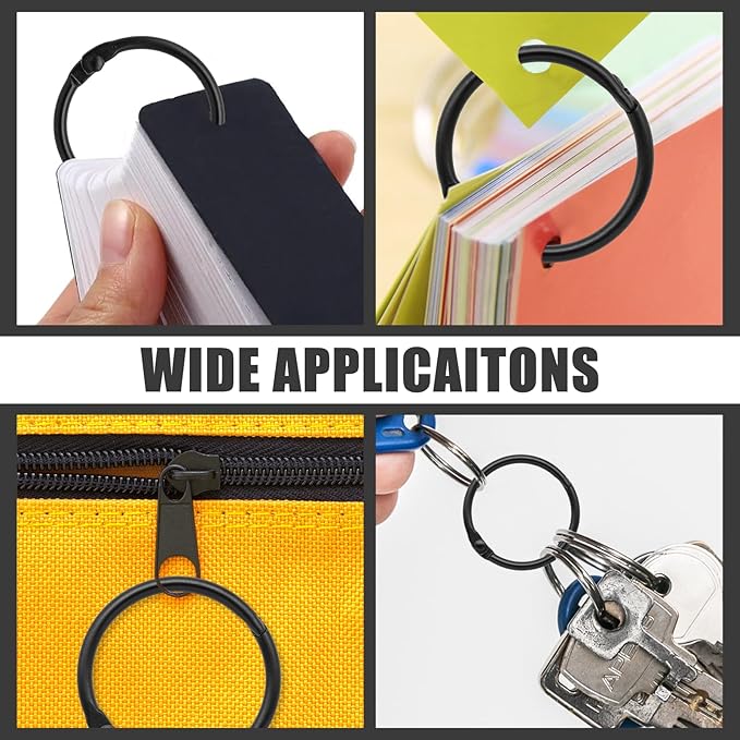 60 Pcs Binder Rings Assorted Sizes (1/2", 3/4", 1", 1-1/4", 1-1/2", 2"), Loose Leaf Binder Book Rings, Metal Index Card Rings Binder Clip Rings for Flash Cards, Key Rings, Index Cards (Black)