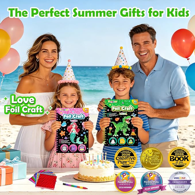 FUNNYB&G Foil Art Craft Kit for Boys 4-10 Years Old: Mess-Free & No-Glue, Create 16 Sparkly Dinosaur World Pictures – Perfect Travel Toy & Birthday Gift for Kids (Dinosaur World)