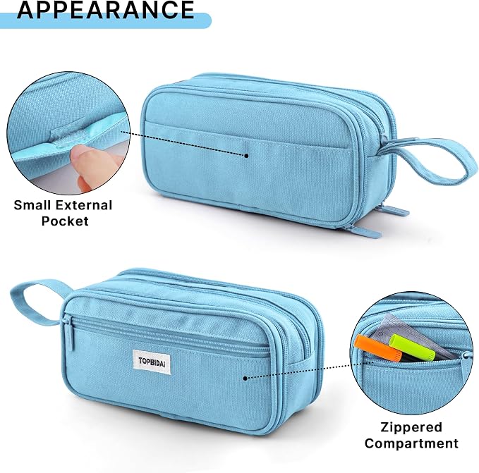 TOPBIDAI Large Pencil Case Pouch for Girls Boy Women Men Adults | Big Capacity Canvas Pencil Bag, Office School Supplies, Multi Compartment Zipper Stationery Pen Box (Sky Blue)