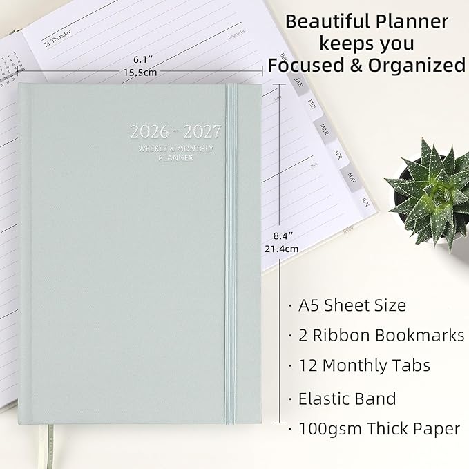 2026-2027 Planner - Weekly and Monthly Planner, July 2026 - June 2027, Linen Hardcover, 2026-2027 Calendar Planner Book with Tabs, Aesthetic, Perfect for Office Home School Supplies (Green, A5 (Jul 2026-Jun 2027))