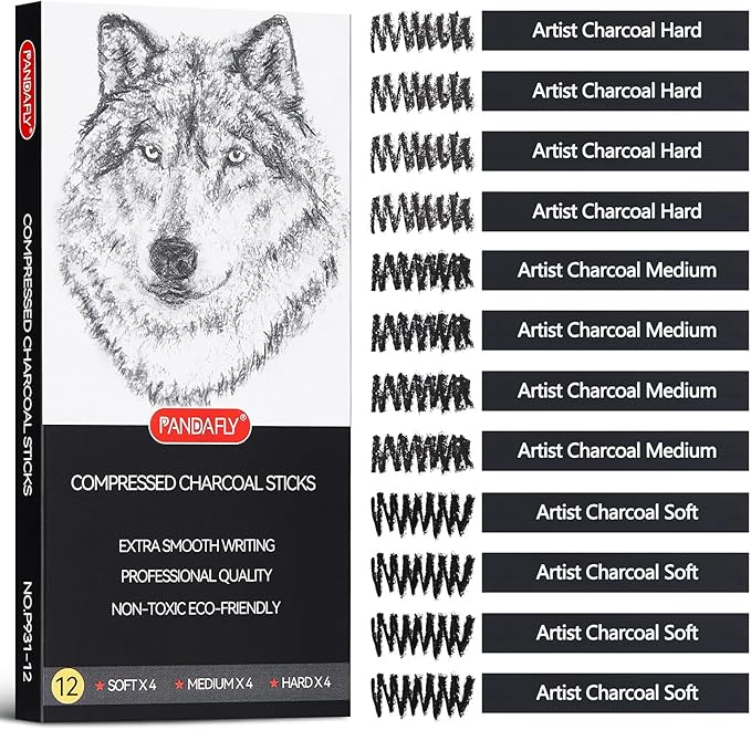 PANDAFLY Compressed Charcoal Sticks, 12 Pieces (Soft, Medium, Hard) Square Vine Charcoal Sticks for Drawing, Sketching, Shading, Charcoal Drawing Set for Beginners & Pro Artists