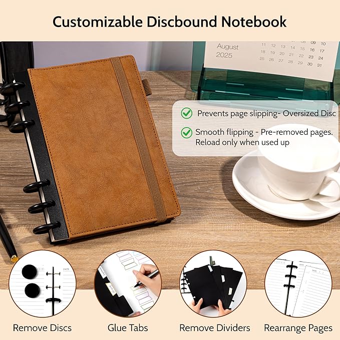 Yoment Refillable Notebooks for Work Discbound: Hardcover Notebook with 5 Subject Removable Dividers Tabs Colleged Ruled Small Journal for Writing Women Men 224 Pages,Brown
