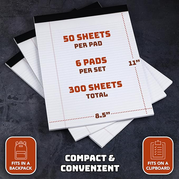 KitchenDine Office Legal Pads | Note Pads For Work | Memo Pads | 8.5 x 11 inches Lined Paper Pad | Narrow Rule 50 Sheets Pads | Set of 6 White Writing pads for Home, School, Teachers, Businesses