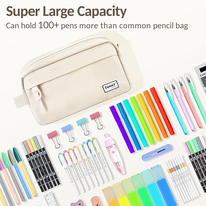 Sooez Original High Capacity Pencil Case, Big Pencil Bag Pouch Box Organizer Pen Case, Aesthetic Supply for Girls Adults, Portable Journaling Supplies with Easy Grip Handle & Loop, Beige