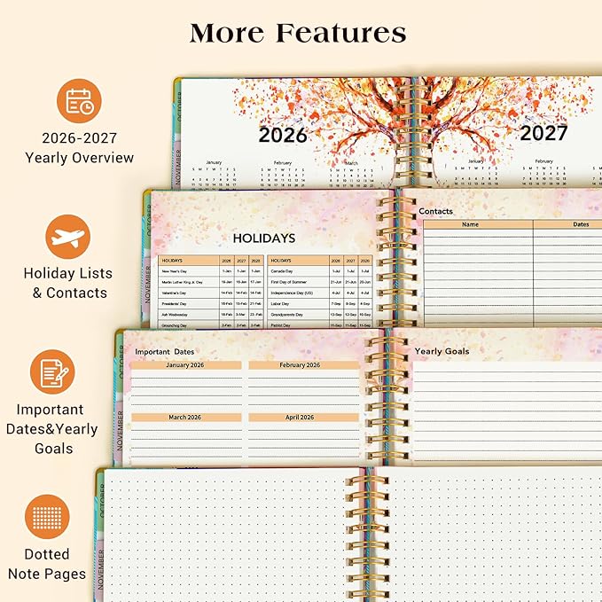 Planner 2026-2027, 18 Months Weekly and Monthly Daily Planner from January 2026 - June 2027, 8.5" x 11" A4 Large Hardcover Agenda Organizer Book 2026 with Tabs, Spiral Yearly Calendar Planners for School Work Home, Colorful Feather
