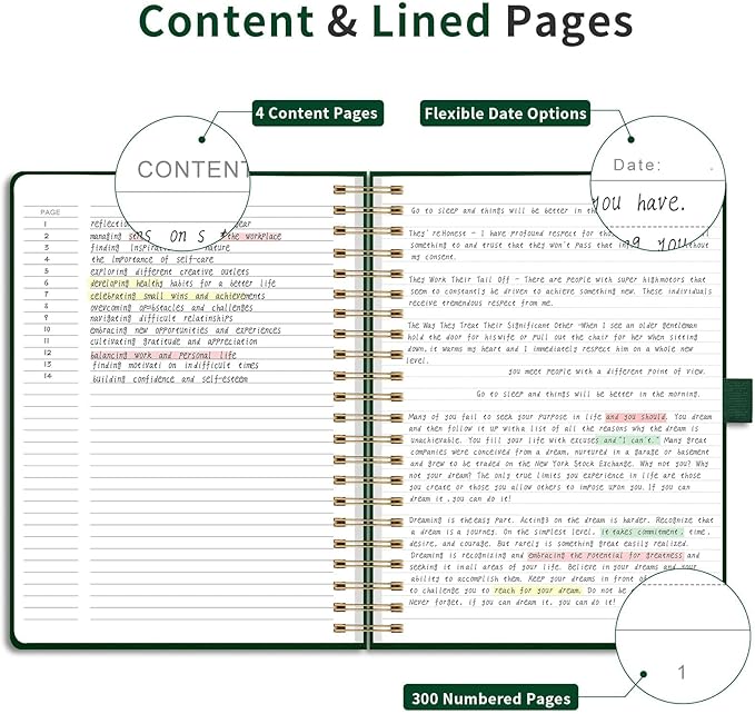 EMSHOI A4 Spiral Notebook College Ruled, Large 8.27"x11.2", Thick 300 Numbered Pages 100GSM Ink-Proof, Faux Leather Hardcover Lay-Flat Lined Journal for Work Office School Writing, Dark Green