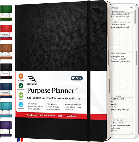 Roterunner Purpose Planner Notebook B5 7.5”x9.8” Undated 2026 Daily Weekly and Monthly Productivity Goal Setting Tool for Work Home ADHD for Adults Self Care Journal