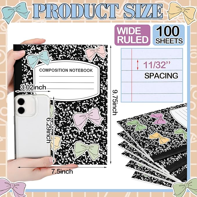 Eaasty Composition Notebook Wide Ruled Paper Assorted Marble Aesthetic Composition Notebook 100 Page 7.5" x 9.75" Journal Gift for Back to School First Day of School Students Teacher(6 Pcs,Bow)