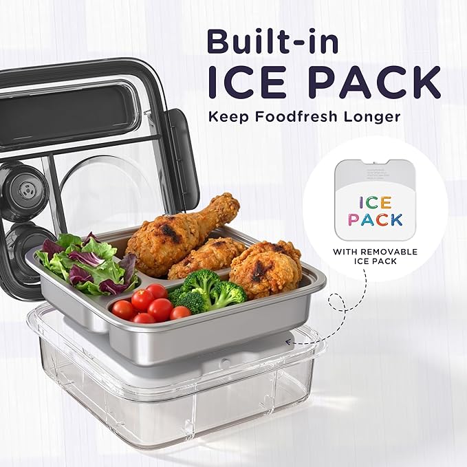 Stainless Steel Bento Lunch Box for Kids Adults with 8oz Insulated Food Jar,Ice Pack,Leak-proof,Dishwasher-Safe,Transparent Lid with Sauce Cup and Cutlery Storage for School & Travel,BPA-Free(Black)