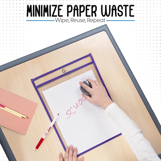 Essex Wares - 6 Pack, Purple, Dry Erase Pocket Document Protectors, 10" Wide x 13.5" Tall - Dry Erase Clear Plastic Sleeves - Reusable & Easy Erase Plastic Invoice Holders, Water-Resistant & Durable