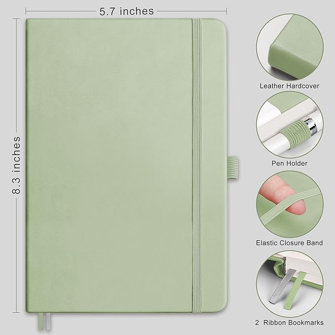 RETTACY Dotted Journal Notebook, 2-Pack, 160 Numbered Pages per Pack, A5 Medium Size (5.7'' x 8.3''), 120 GSM Thick Paper, Leather Hardcover, for Journaling, Planning, Tracking (Black & Light Green)