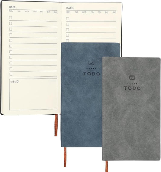 PATIKIL 2Pcs Planner Notebook, A6 100 Sheets Undated to Do List Daily Weekly Monthly Goals Tracker Pocket Notebook for Office Study Time Management Fitness Weeding, Grey/Dark Blue