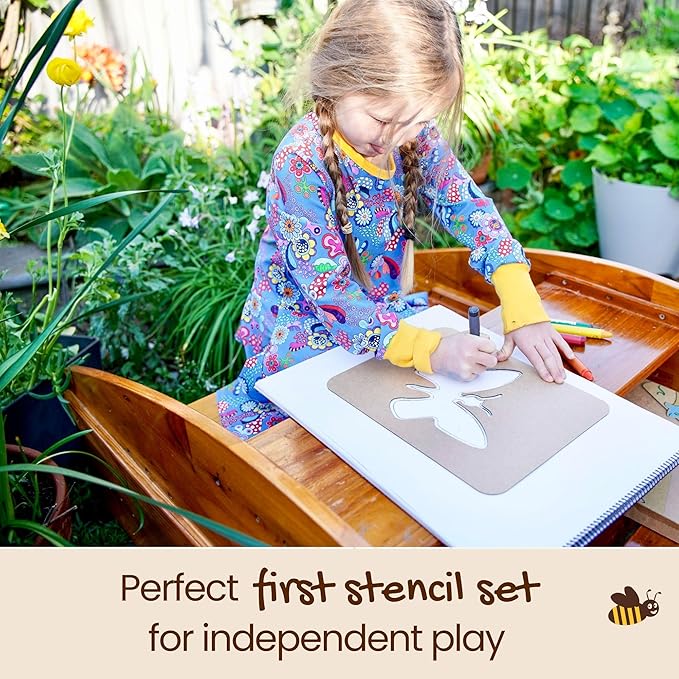 Honeysticks Kids Activity Set - 6 Large Stencils for Kids Plus Jumbo Non-Toxic Beeswax Crayons (8pk), Perfect First Stencils for Toddlers Preschool Art, Drawing and Coloring, Ideal Gifts for 3-5