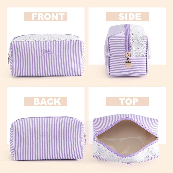 Makeup Bag Travel Toiletry Bag for Women, Small Cosmetic Bags with Lace Trim Cute Purple Stripe Aesthetic Organizer Makeup Pouch for Purse Emergency Bag Pencil Case Accessory Bag