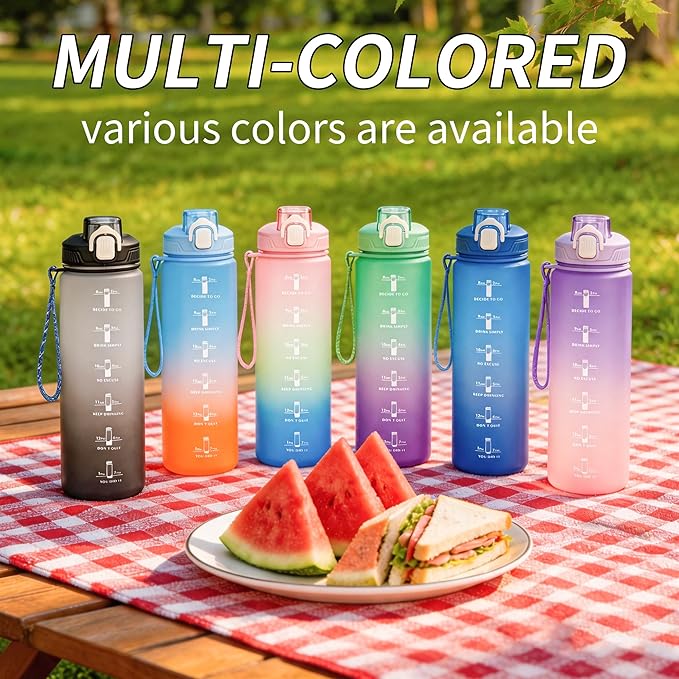 YC Kitchen Motivational Water Bottle with Time Marker- 32oz Water Bottles with Times to Drink, Leakproof & BPA Free Sports Water Bottle with Straw & Carry Strap for Fitness, Gym, and Outdoor Sports