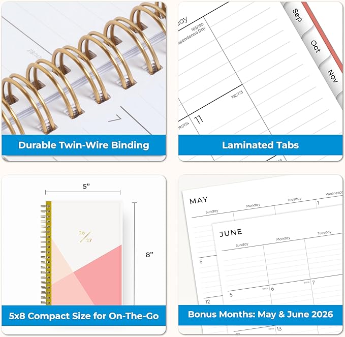 Blue Sky 2026-2027 Weekly and Monthly Academic Year Planner Calendar, July 2026 - June 2027, 5" x 8", Clear Pocket Cover, Wirebound, Laminated Tabs, Cali Pink