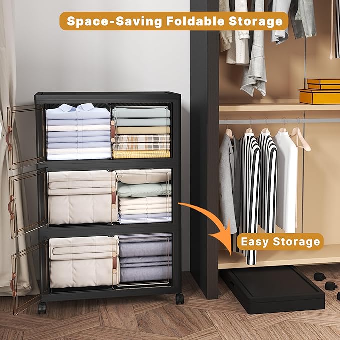 UAMFURI Extra Large Stackable Storage Bins with Lids & Wheels, 165QT-55QT/14GAL*3Pack Foldable Collapsible Closet Organizers Dark Storage Cabinet with Doors for Bedroom Dorm