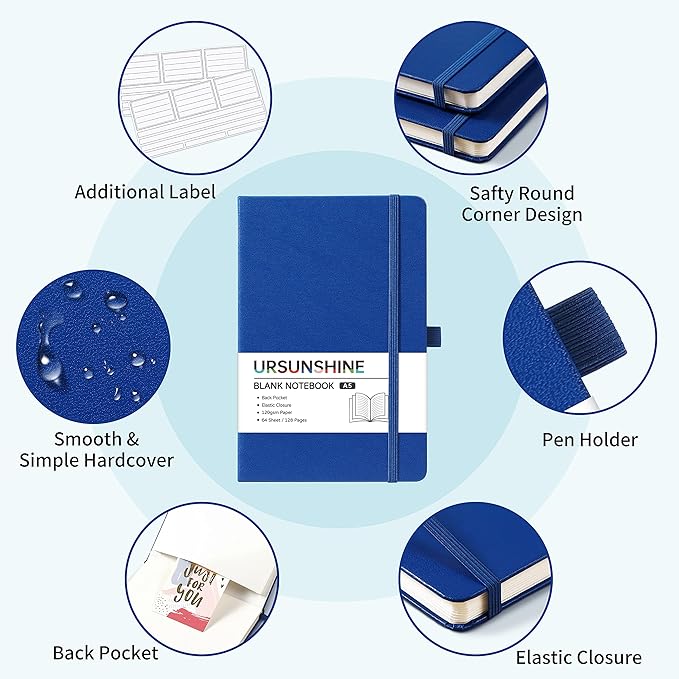 Blank Journal/Notebook - Classic Notebook/Journal with Ribbon Divider, Hardcover with Thick Paper, 5.3'' x 8.26'', Banded + Pen Holder +Inner Pocket - Deep Blue