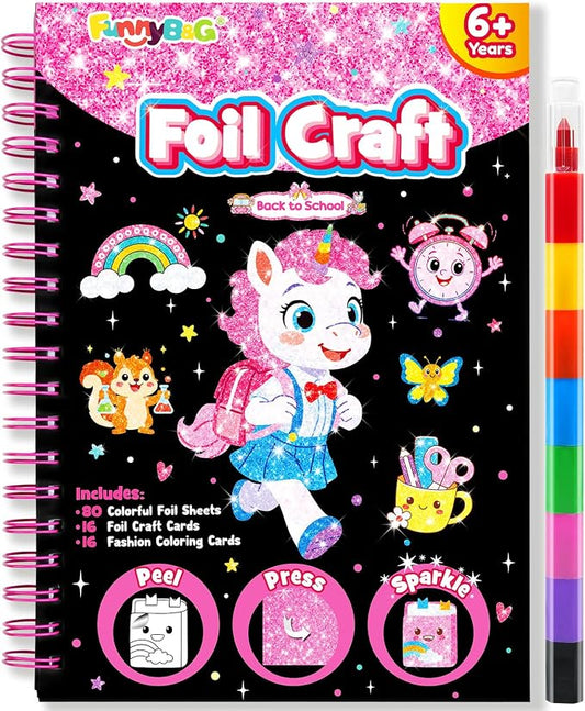 FUNNYB&G Foil Art Craft Kit for Girls 4-10 Years Old: Mess-Free & No-Glue, Create 16 Back to School Pictures – Perfect Travel Toy & Birthday Gift for Kids (Back to School)