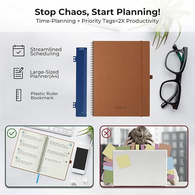 Planner 2026-2027 Daily Weekly and Monthly,11.5"x8.5",18 Months Spiral Bound Calendar Agenda with Self-adhesive Pen Holder,2026 Academic Plan with Vegan Leather Soft Cover,Brown