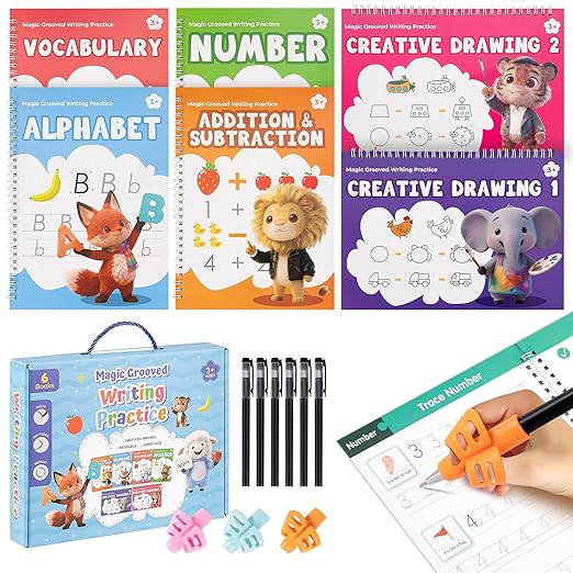 Magic Grooved Writing Practice Books, Reusable 3D Grooved Handwriting Practice for Kids Ages 3-5, Disappearing Ink Pens & Grips, Perfect Educational Gift