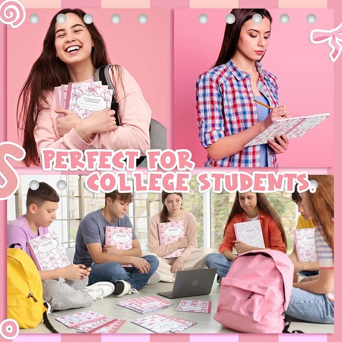 Fullhawl 6 Pack Composition Notebook College Ruled Bulk Pink Bow Composition Notebook Preppy Aesthetic for Back to School Supplies 110 Pages 9-3/4 x 7-1/2" Cute Cherry Journal for First Day of School