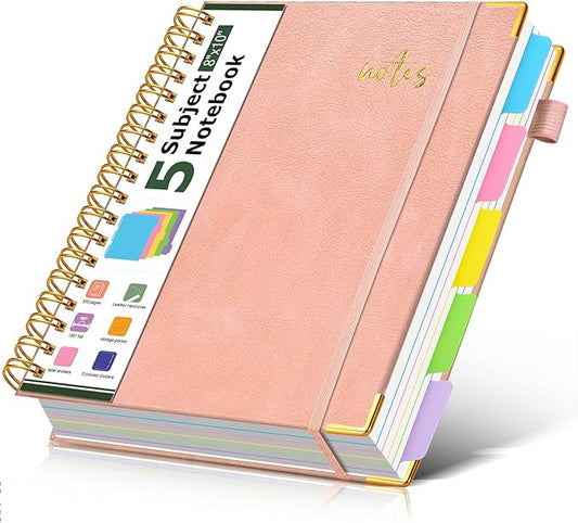 5 Subject Spiral Notebook Journal with Removable Dividers Tabs, 300 Pages Organizer Notebooks for Work School, 8"x10" Hardcover Leather Notebook College Ruled, Large Lined Journal for Women Men,Pink