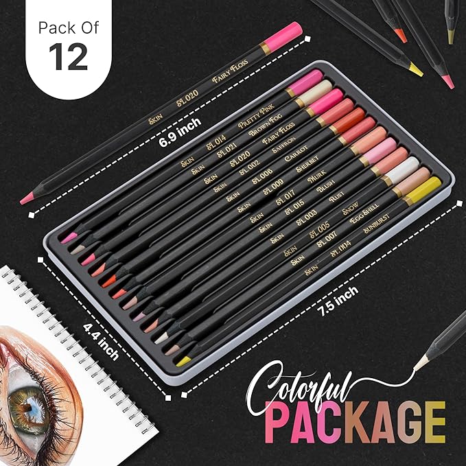 Black Widow Skin Tone Colored Pencils for Adult Coloring Books – 12 Soft Core Color Pencils for Portraits and Skintone Artists – Complete Range with Lightfast Ratings