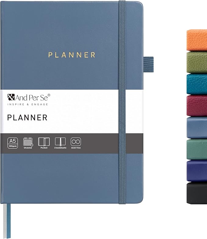 And Per Se Undated Planner, Weekly & Monthly Planner with Goal & Habit Tracker, A5 Leather Hardcover Productivity Journal for Academic Year (Dark Blue)