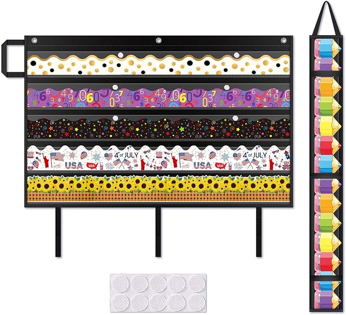 AKAYOK Foldable Bulletin Board Border Organizer with 5 Clear Pockets - Space-Saving Classroom Storage for Teachers, Homeschool & Office Supplies (37" x24" Black)